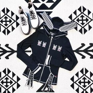 Rare Skelanimals x TRIPP NYC Black Bunny Ears Zip Up Hoodie Size Large